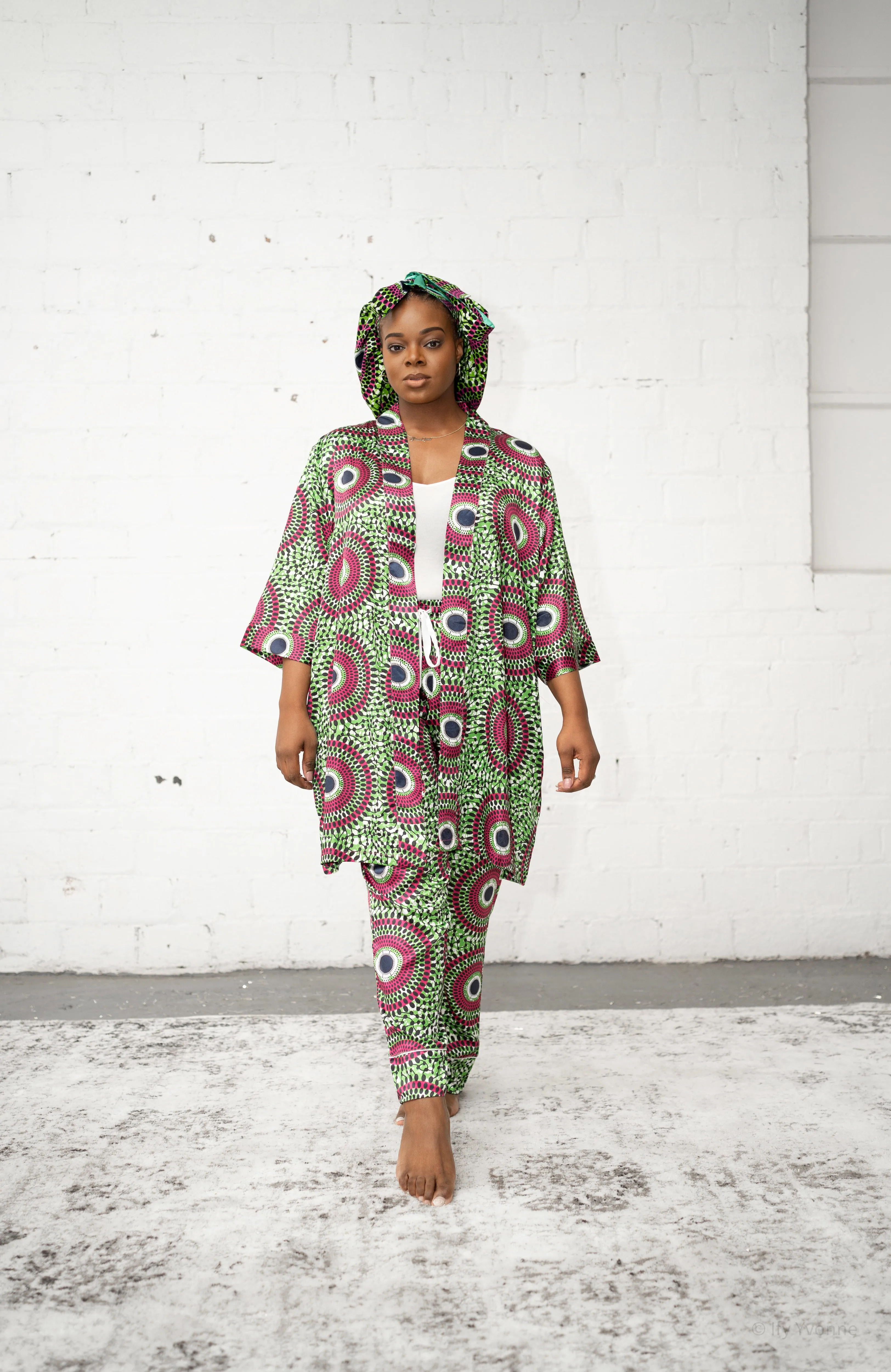 African Print Satin Robe Pink/Green