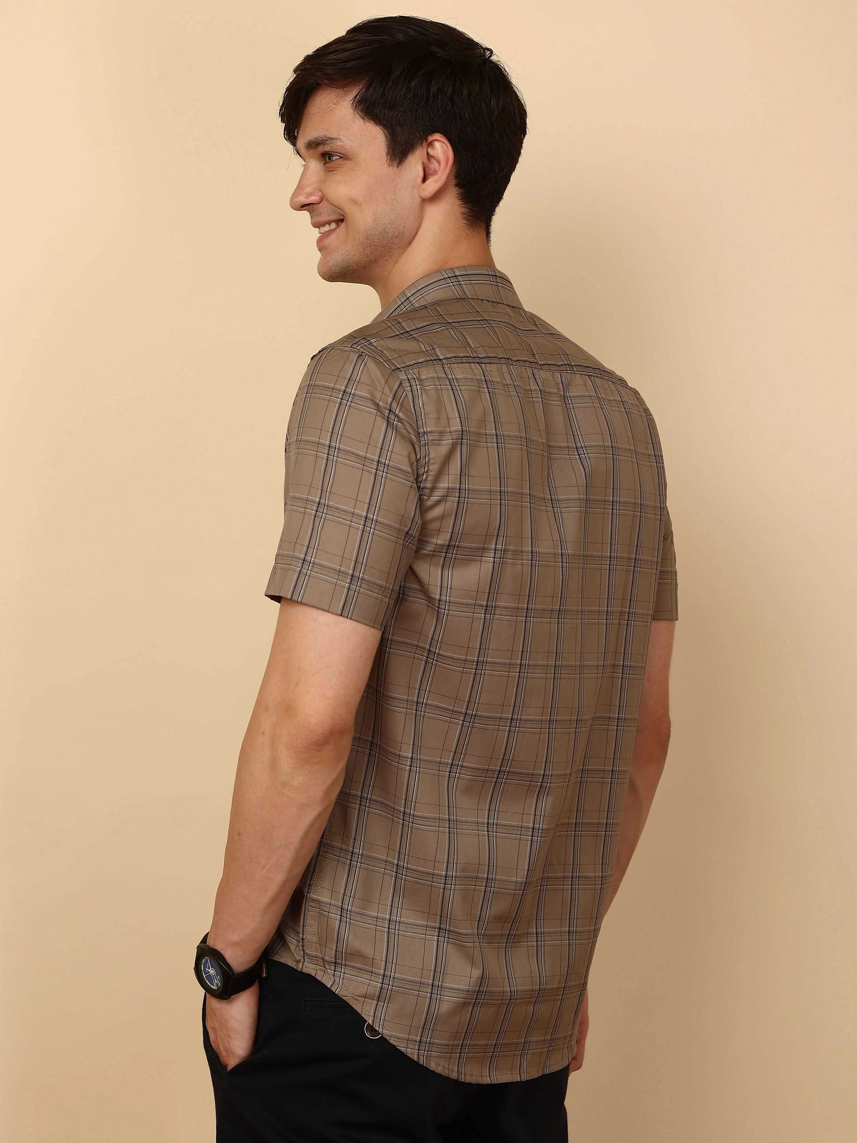 Beige casual check half sleeve shirt