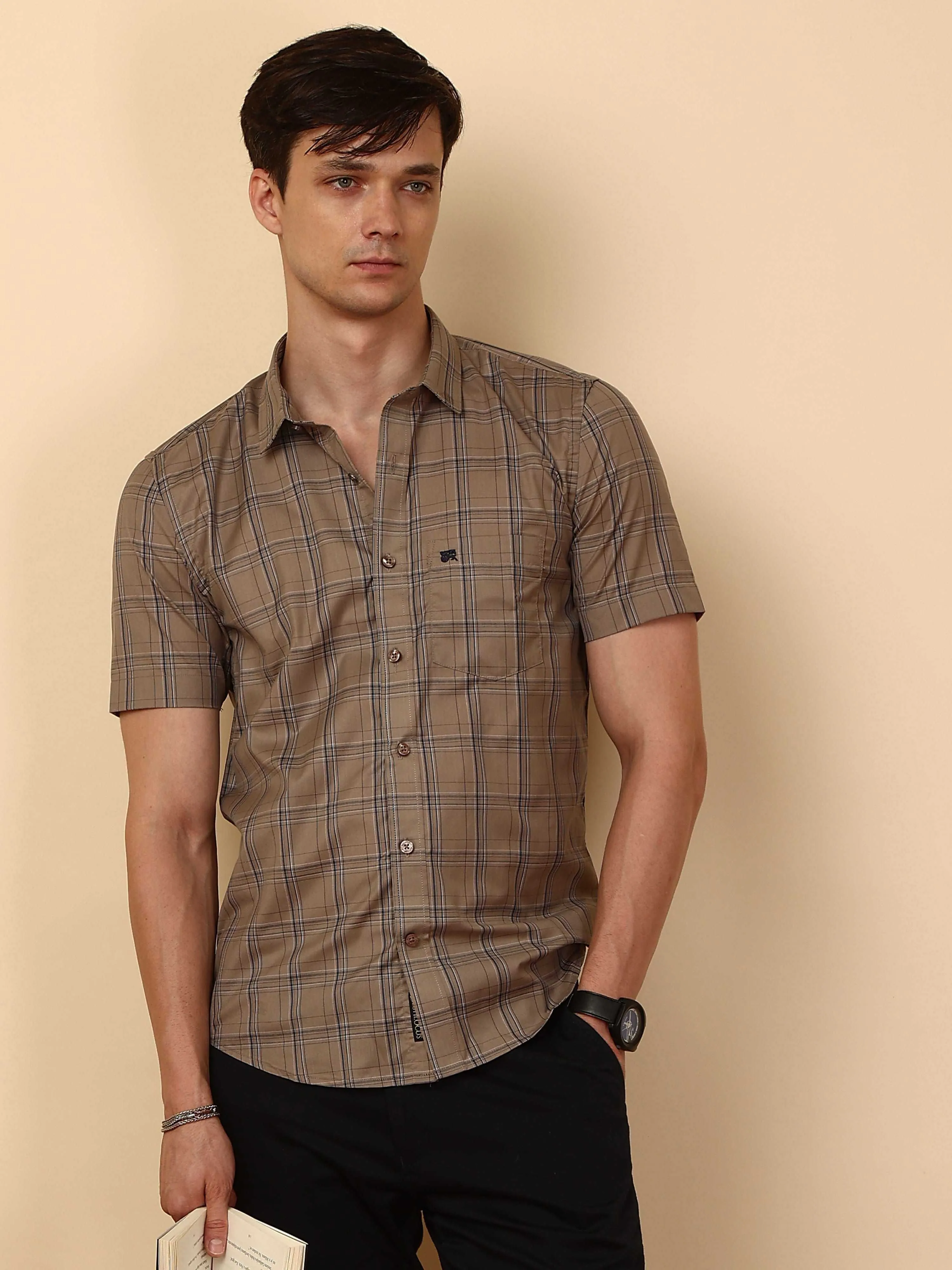 Beige casual check half sleeve shirt