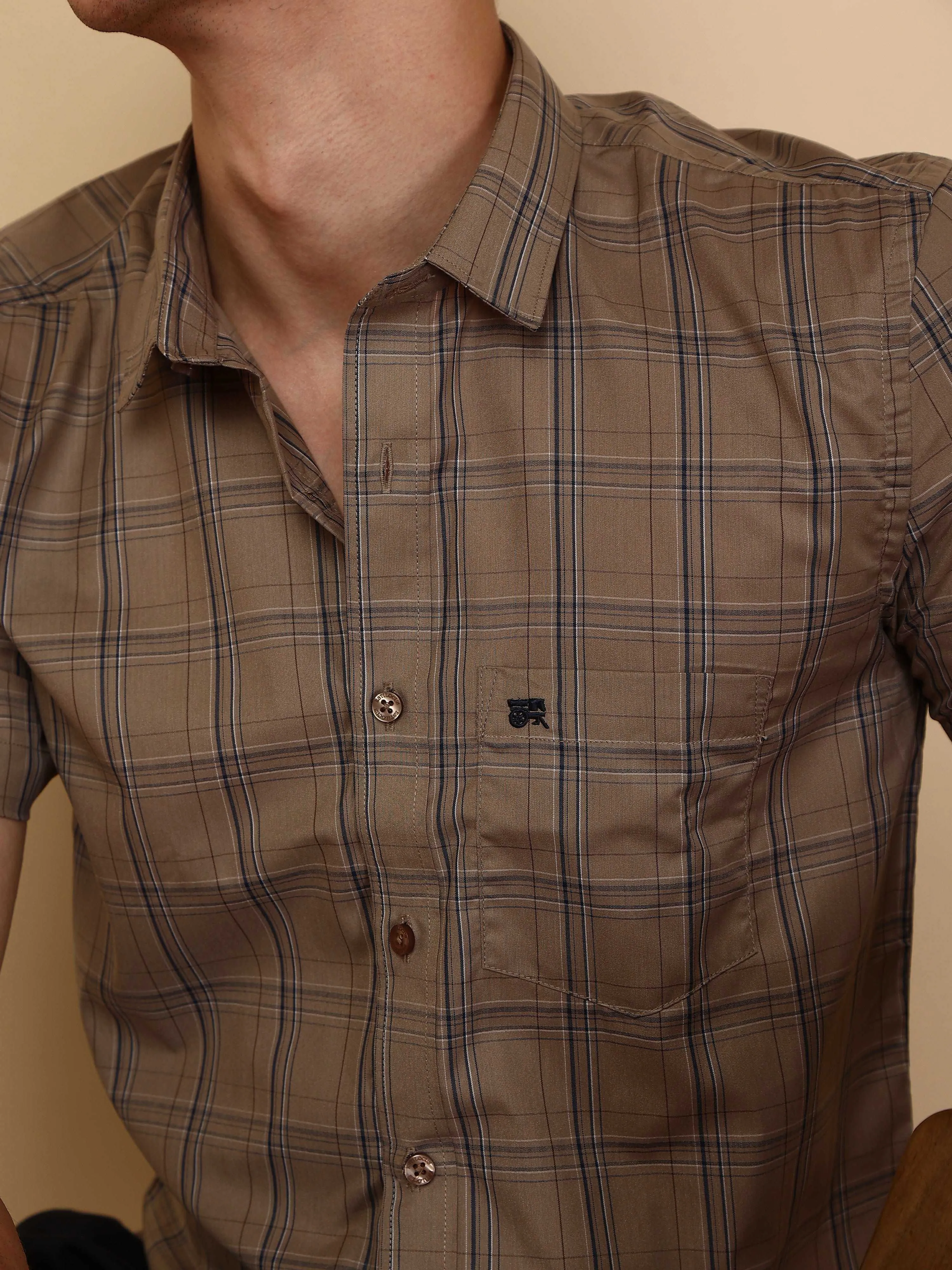 Beige casual check half sleeve shirt