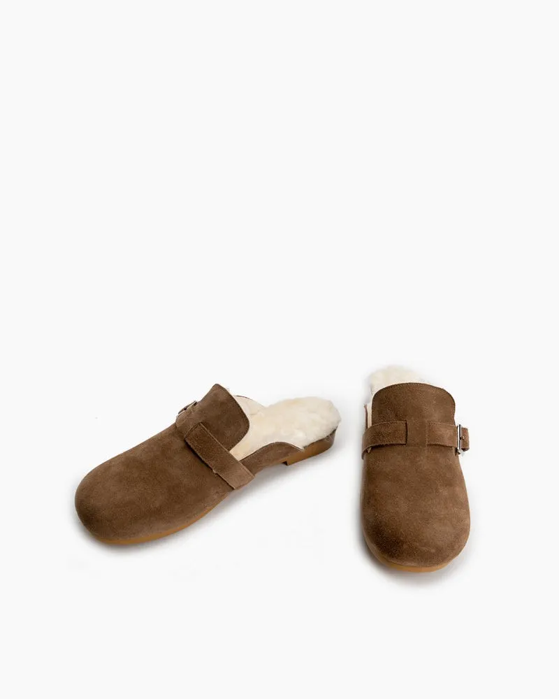 Buckle Decor Leather Fuzzy Flat Slippers