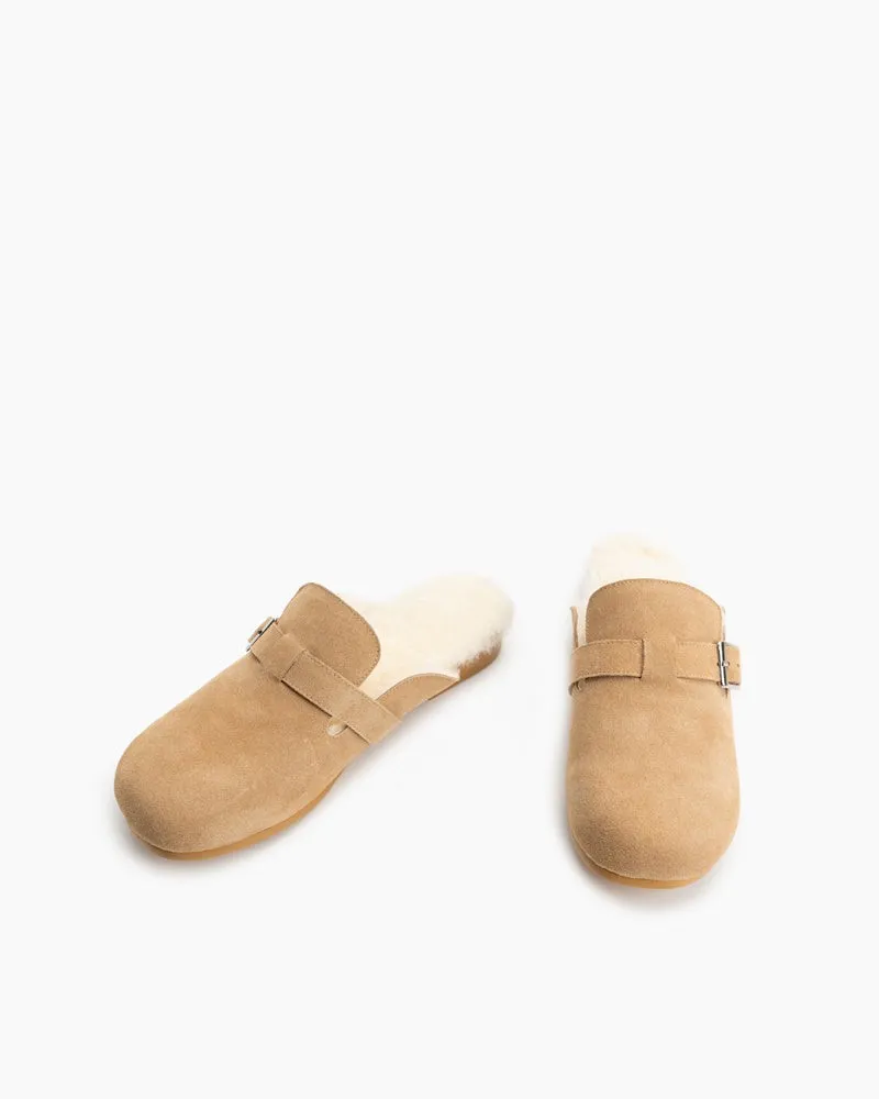 Buckle Decor Leather Fuzzy Flat Slippers