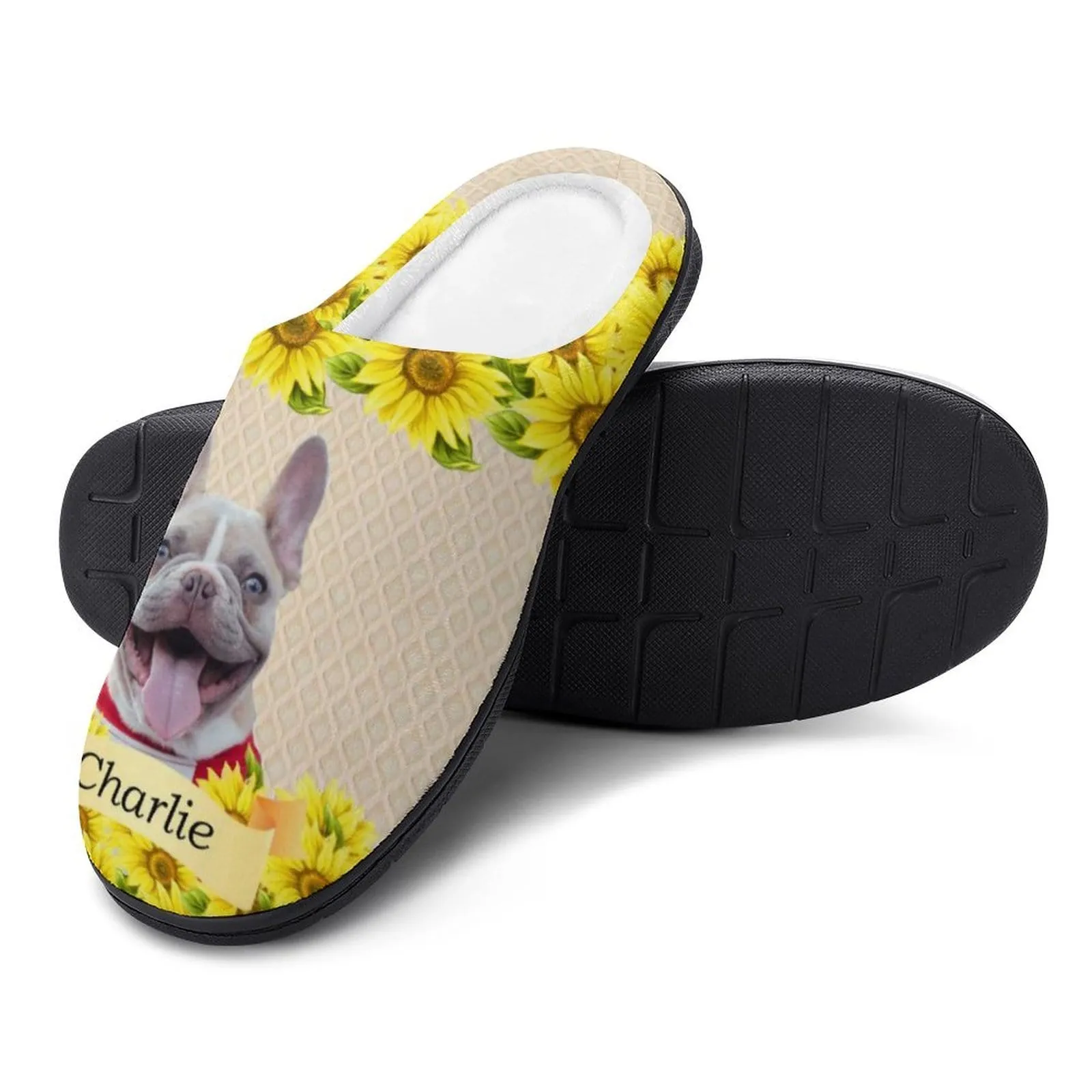 Custom Pet's Photo  & Name Sunflower All Over Print Cotton Slippers For Men Women