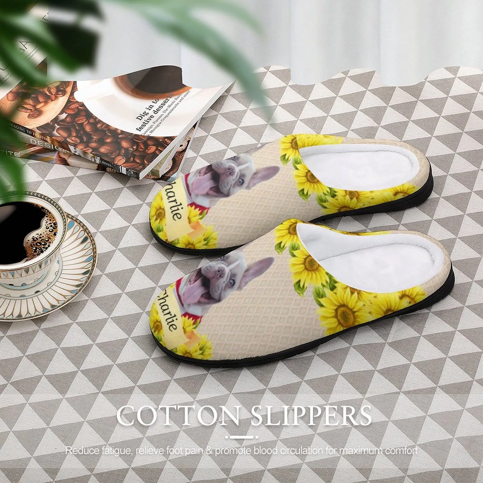 Custom Pet's Photo  & Name Sunflower All Over Print Cotton Slippers For Men Women