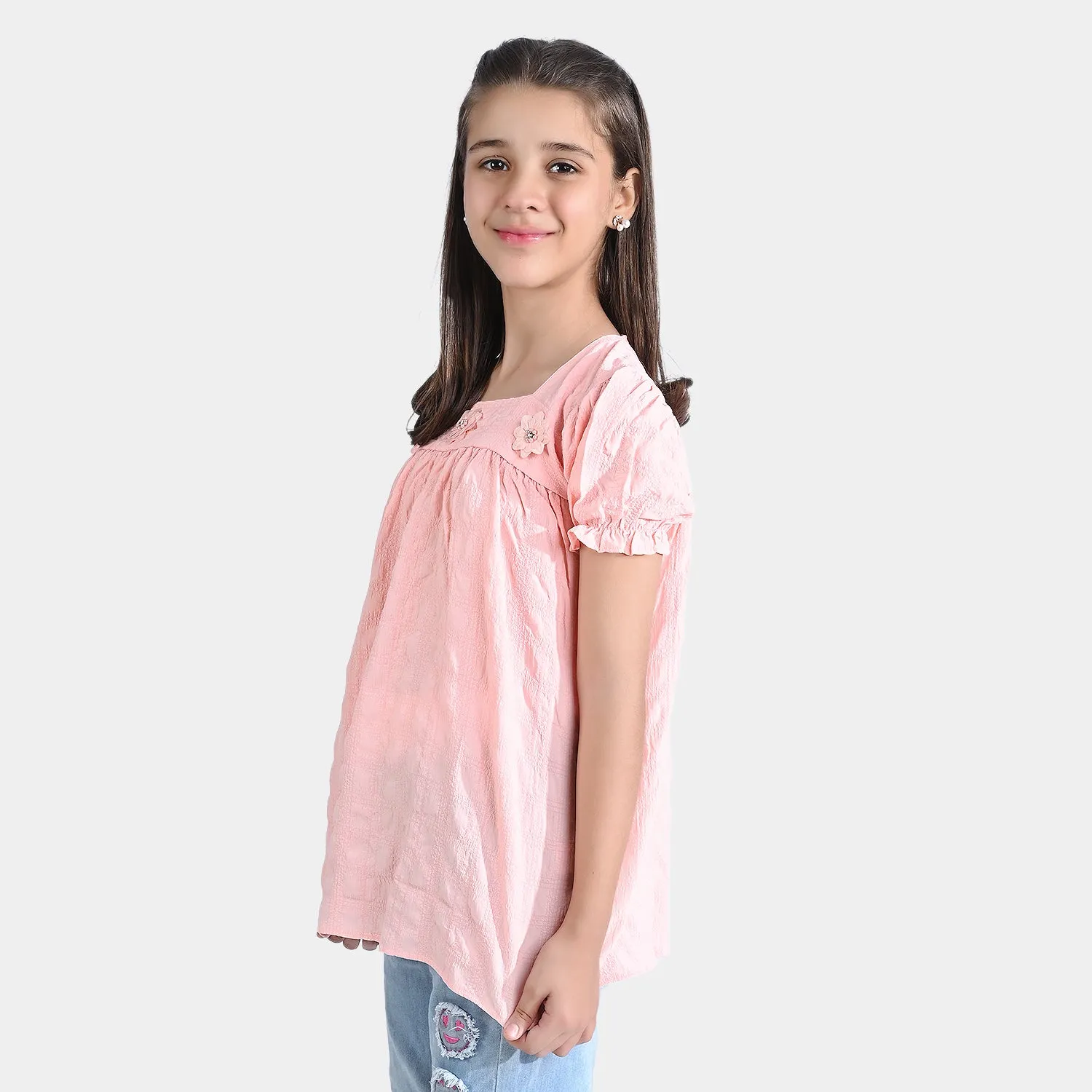 Girls Poly Cotton Casual Top Flora-Peach