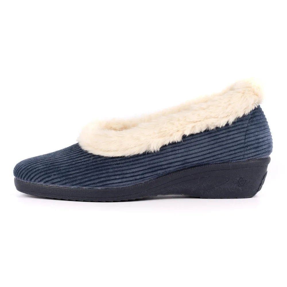 Ladies Bedroom Slippers Lunar Wedge Heel Navy GLYNIS KLA154BL