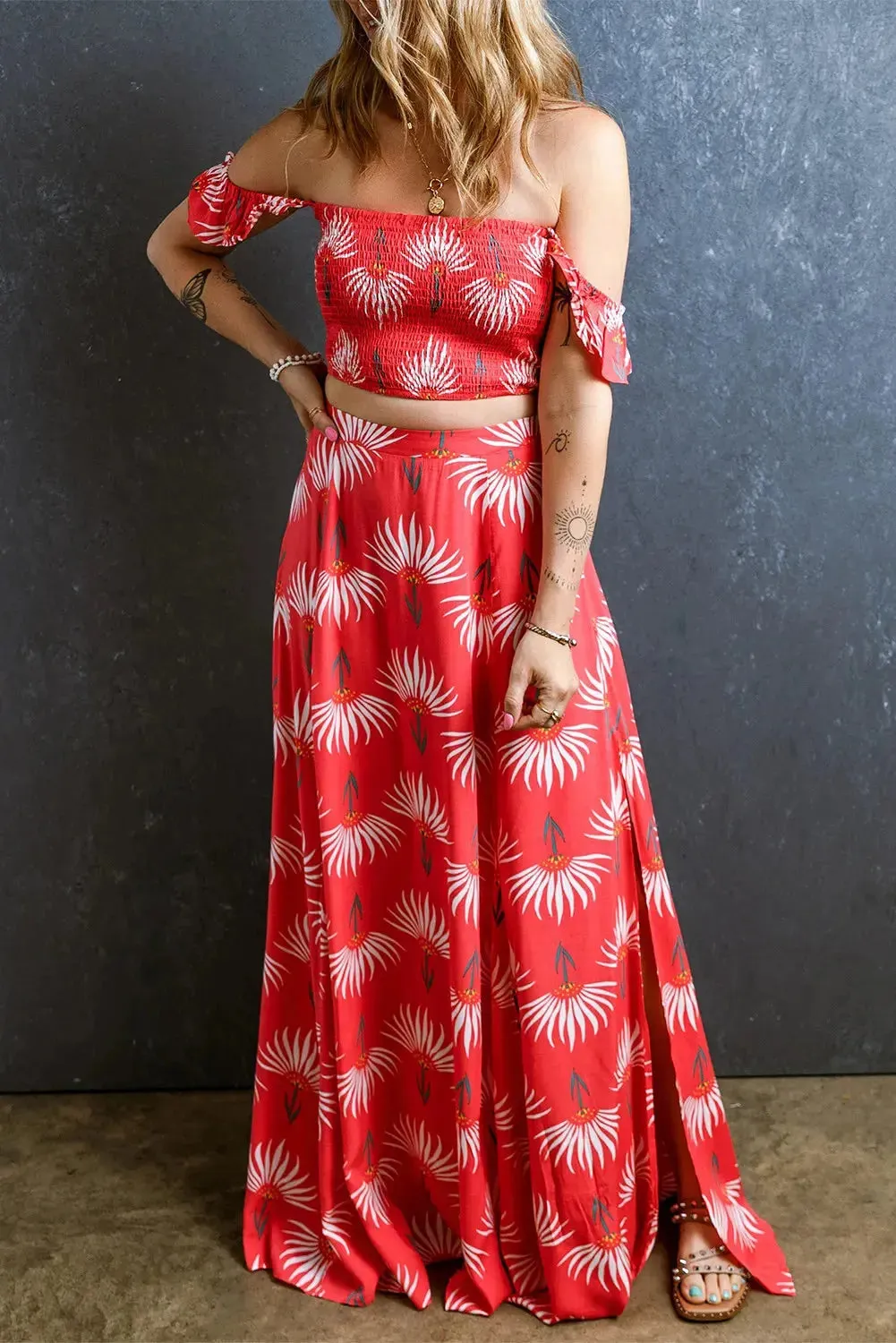 Maxi Skirt and Crop Top Set Red Printed