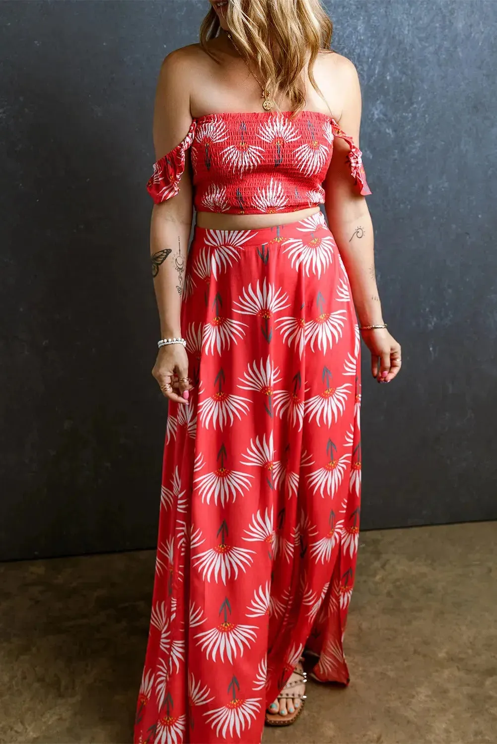 Maxi Skirt and Crop Top Set Red Printed