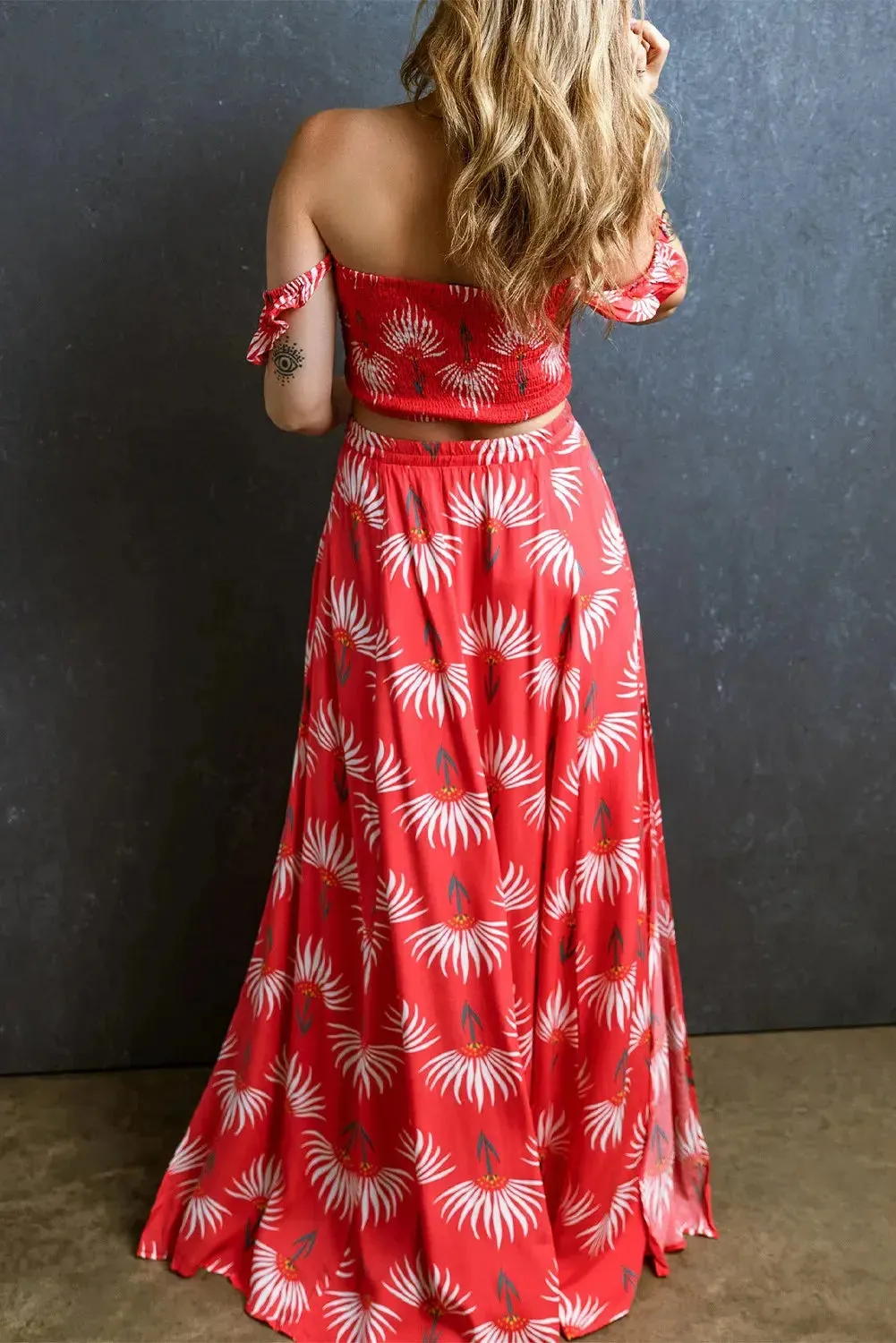 Maxi Skirt and Crop Top Set Red Printed