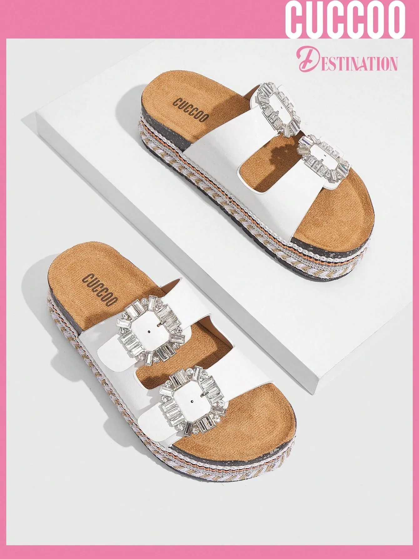 Woman Shoes Comfortable Square Rhinestone Buckle Round Toe Flat/Platform Fashionable Casual Pu Leather White Slippers For Spring And Summer