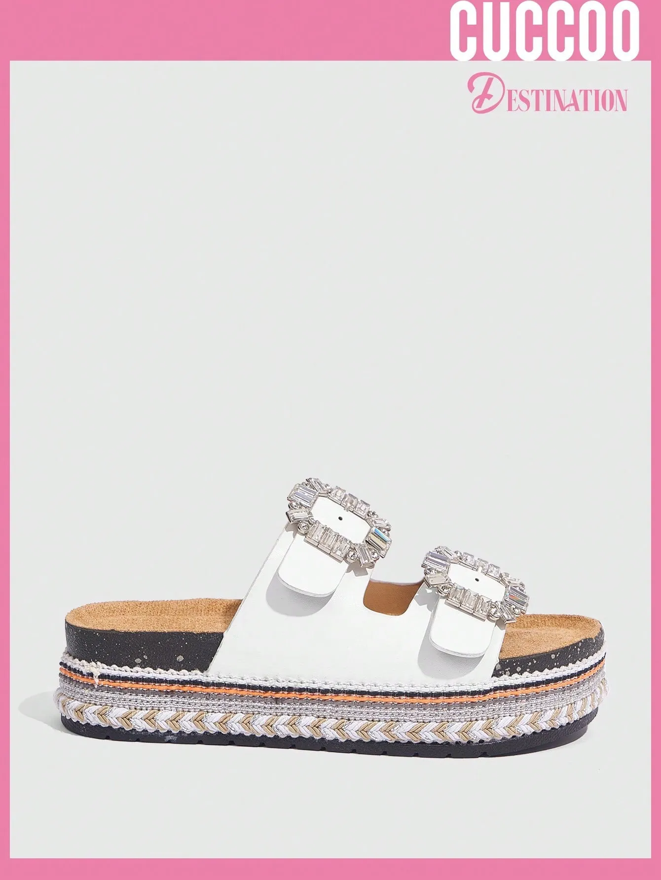 Woman Shoes Comfortable Square Rhinestone Buckle Round Toe Flat/Platform Fashionable Casual Pu Leather White Slippers For Spring And Summer