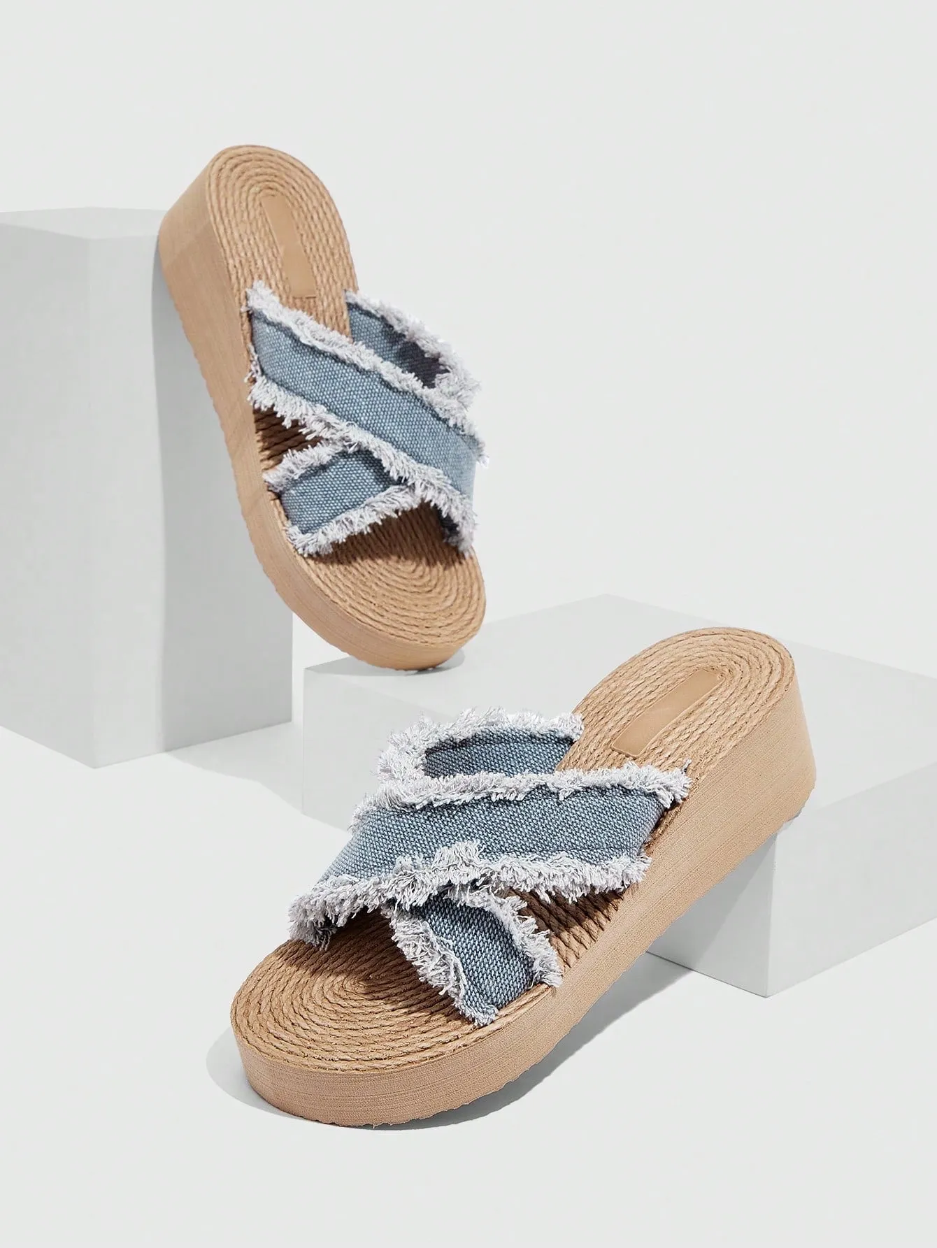 Women Criss Cross Raw Trim Slides, Vacation Summer Denim Slippers