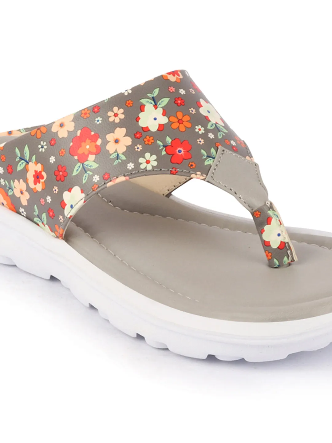 Women Grey Comfort Fashion Stylish Floral Print Design Strap Thong Flats Wedges Slipper