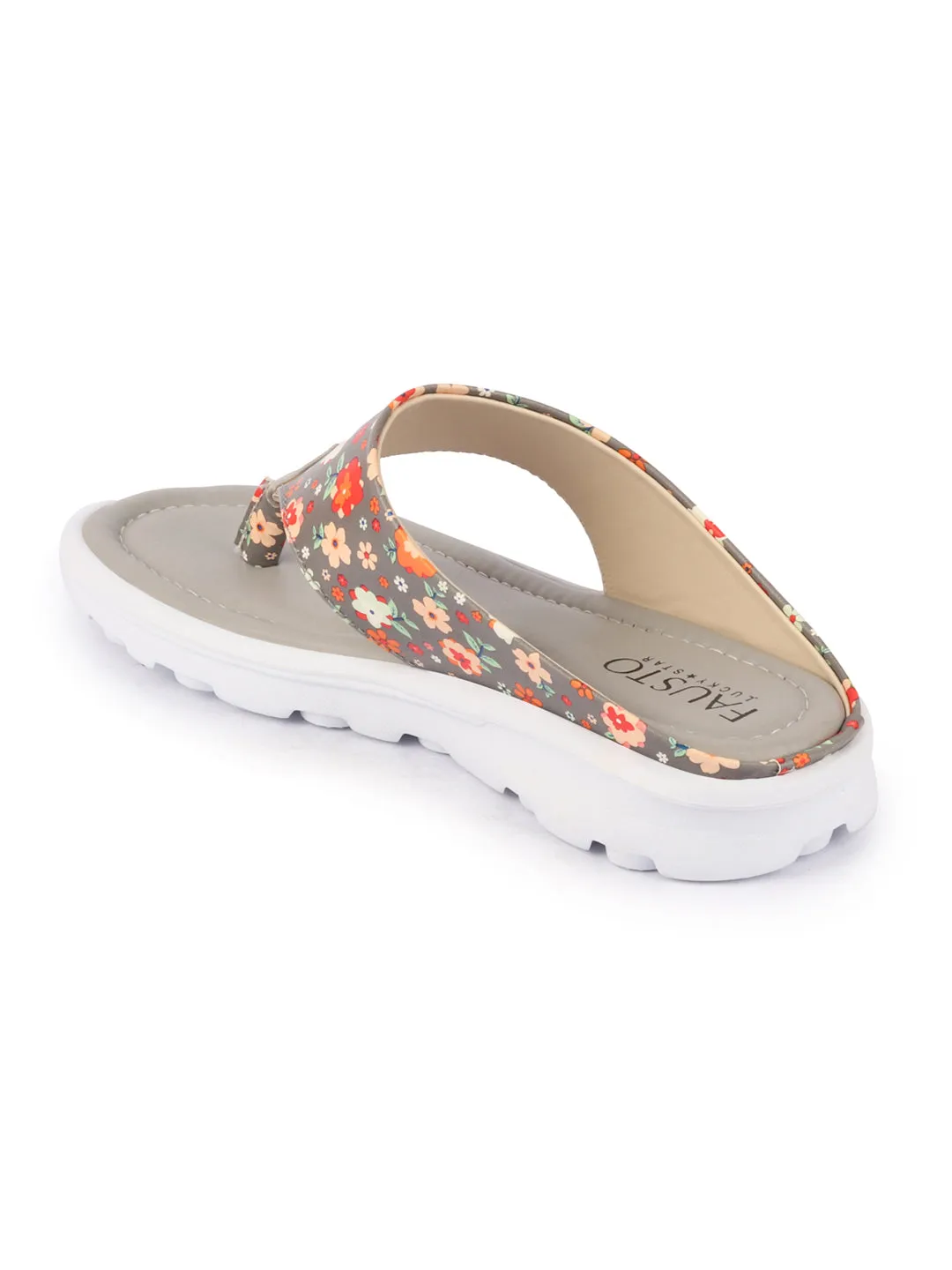 Women Grey Comfort Fashion Stylish Floral Print Design Strap Thong Flats Wedges Slipper